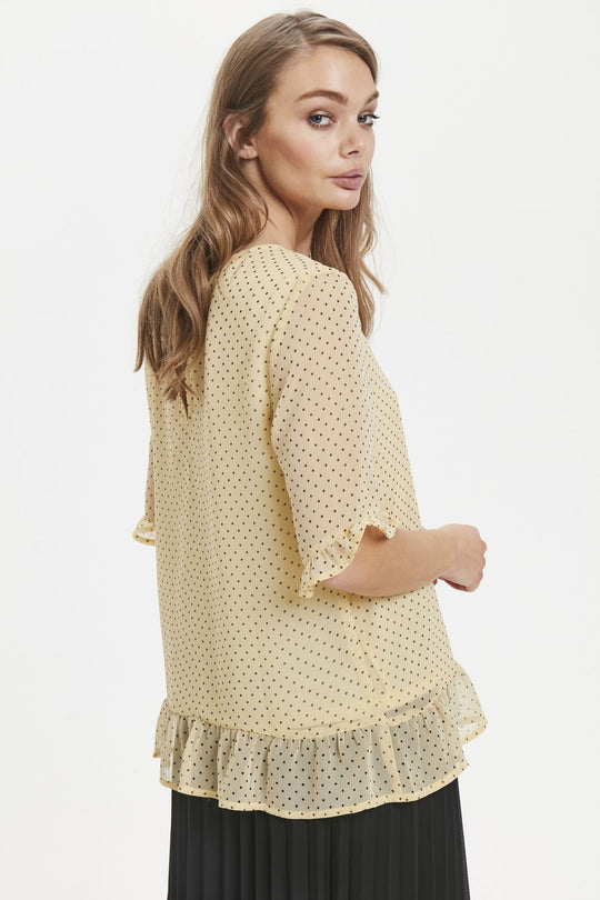 Blouse Top Elbow Sleeve Yellow Black Polka Dot