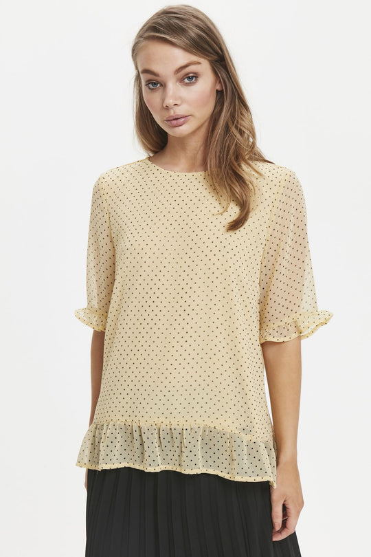 Blouse Top Elbow Sleeve Yellow Black Polka Dot